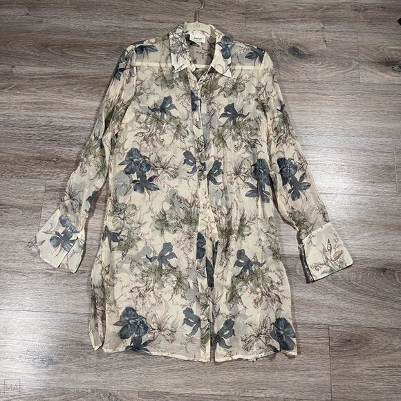 Neiman Marcus Women's Long Blouse/Mini Dress Floral 100% Silk Chiffon L Beige - Picture 1 of 8